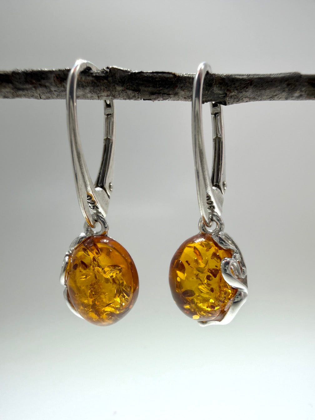 Baltic Amber Drop Lever Back Earrings | Floral Oval Cab | Sterling Silver or Gold Plated