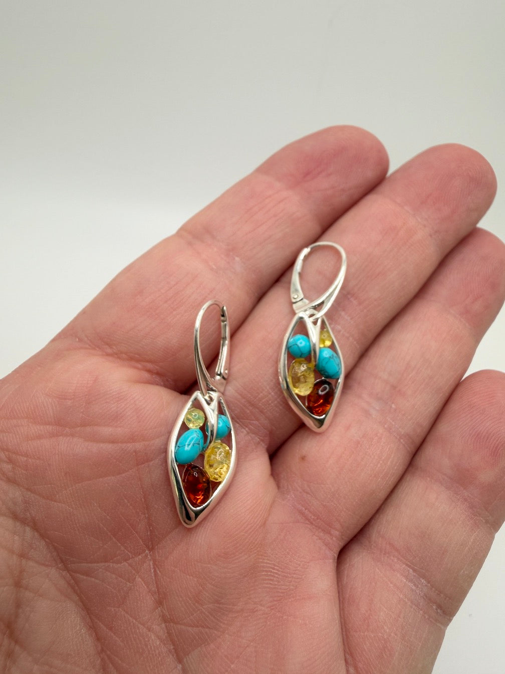 Baltic Amber Drop Lever Back Earrings | Honey, Green & Lemon or Turquoise Mix | 925 Sterling Silver
