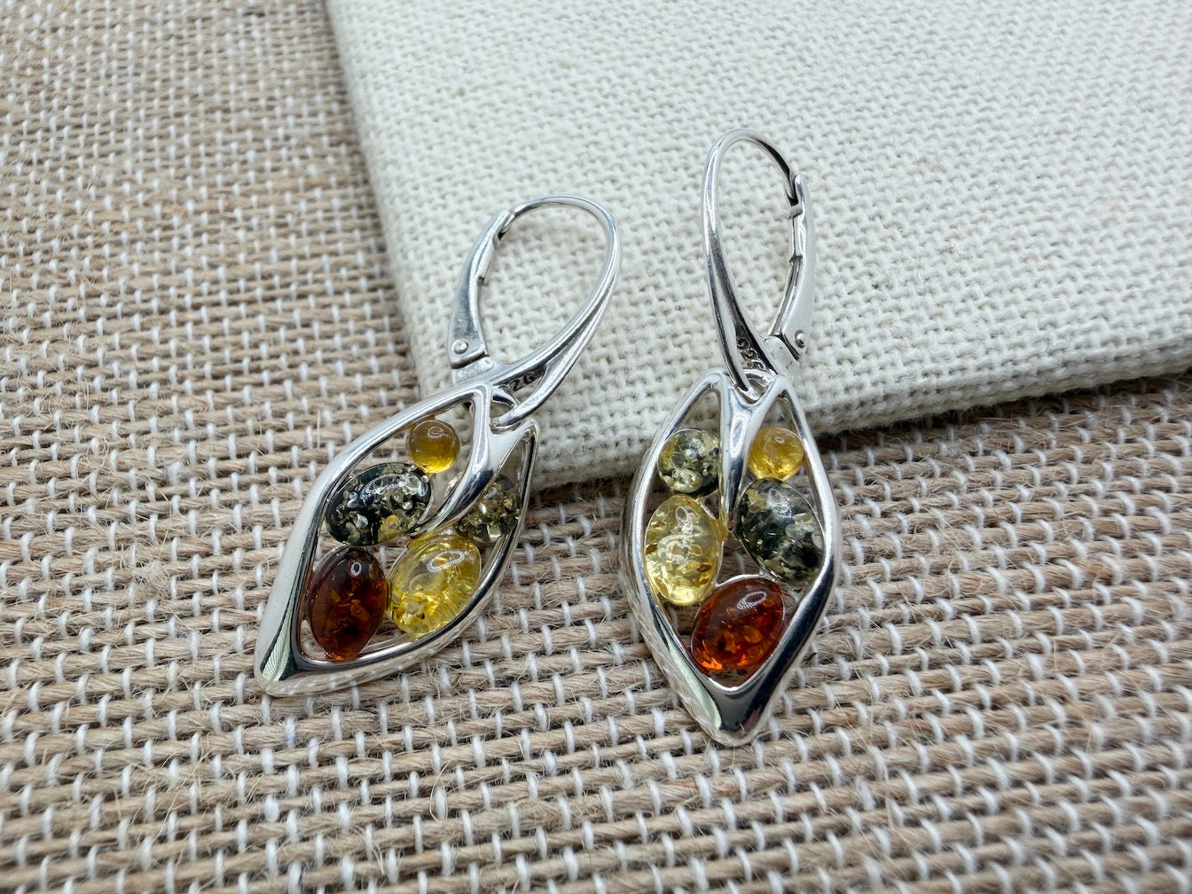 Baltic Amber Drop Lever Back Earrings | Honey, Green & Lemon or Turquoise Mix | 925 Sterling Silver