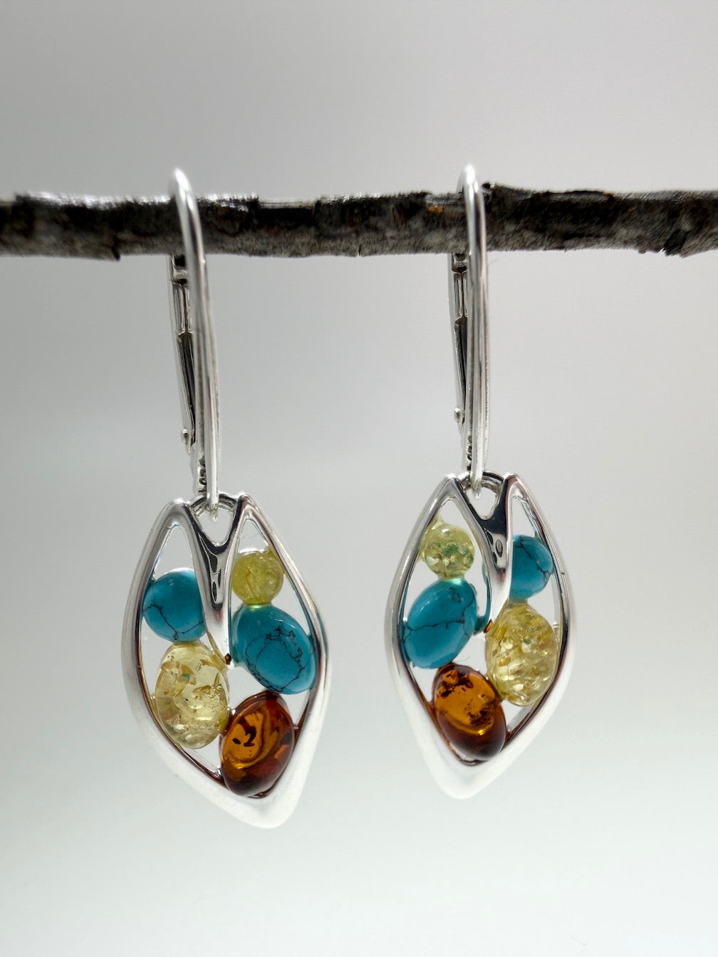 Baltic Amber Drop Lever Back Earrings | Honey, Green & Lemon or Turquoise Mix | 925 Sterling Silver