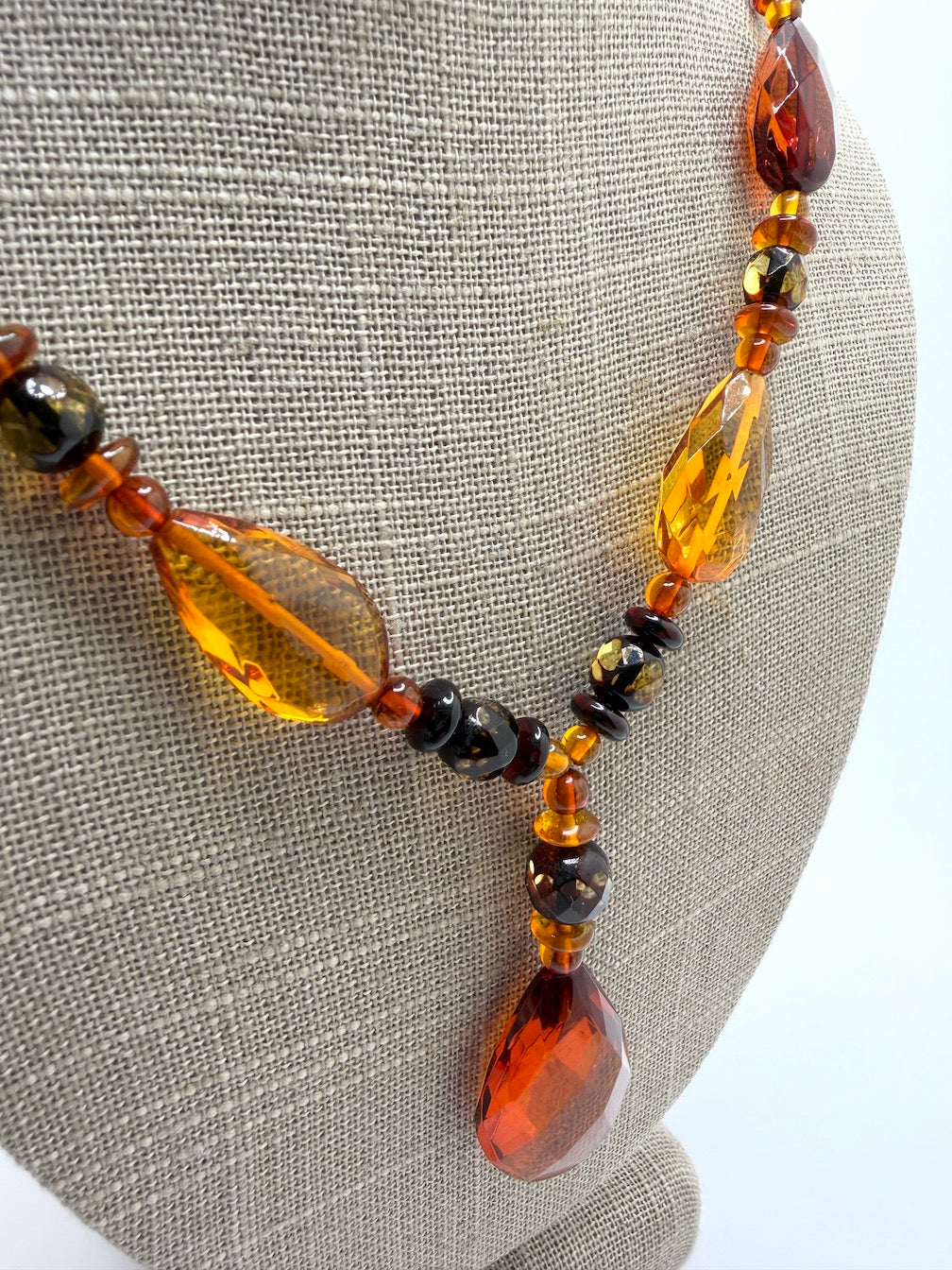 Baltic Amber Faceted Statement Necklace – Multicolor Amber with Large Teardrop Pendant – 19”