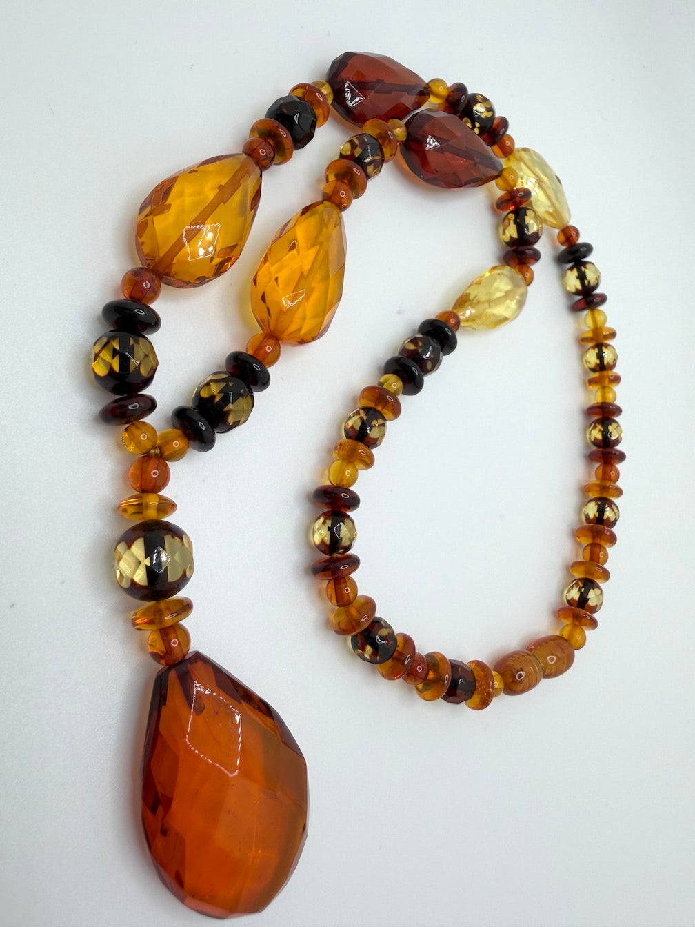 Baltic Amber Faceted Statement Necklace – Multicolor Amber with Large Teardrop Pendant – 19”