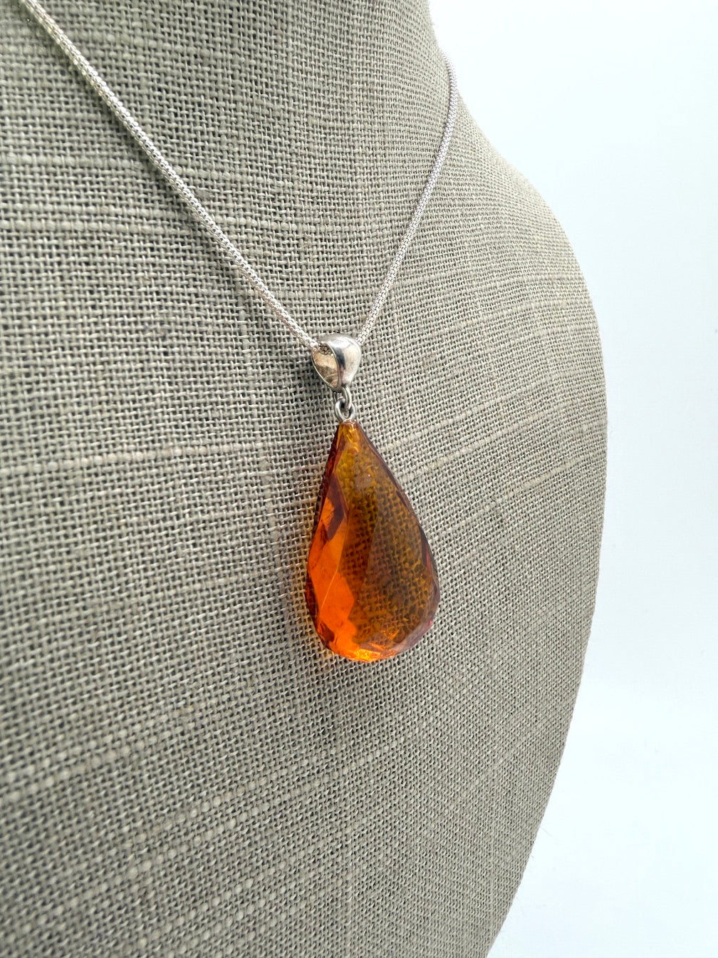 Baltic Amber Faceted Teardrop Pendant Necklace | Sterling Silver