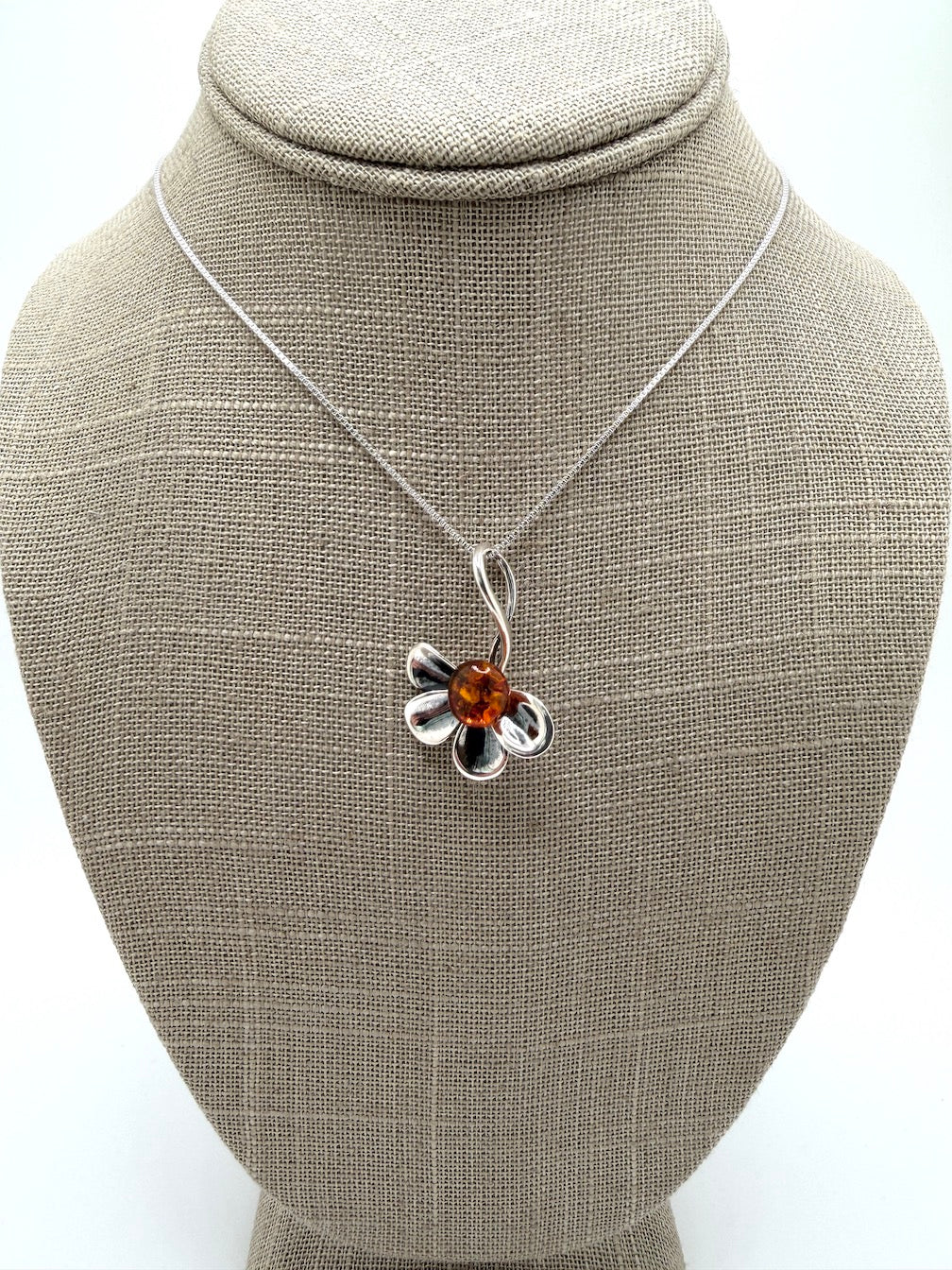 Baltic Amber Flower Necklace on Box Chain – Handmade European Amber Jewelry