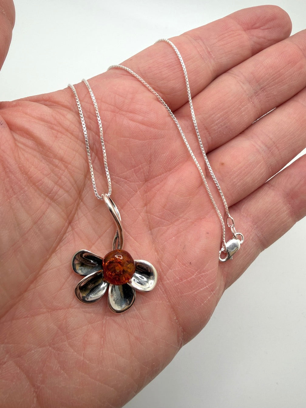 Baltic Amber Flower Necklace on Box Chain – Handmade European Amber Jewelry