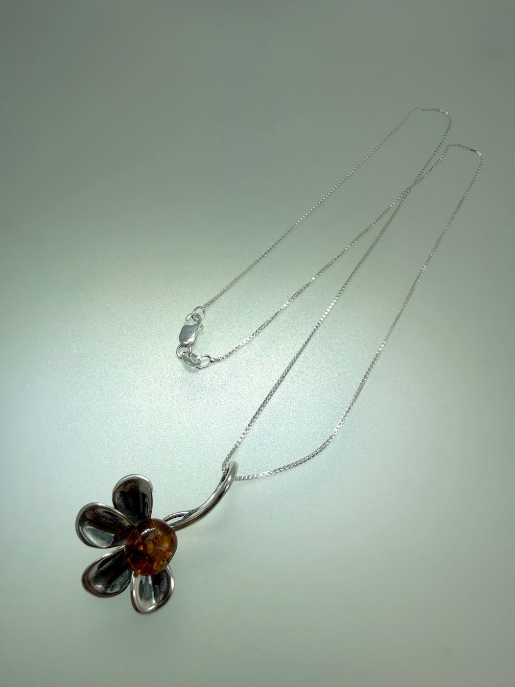 Baltic Amber Flower Necklace on Box Chain – Handmade European Amber Jewelry