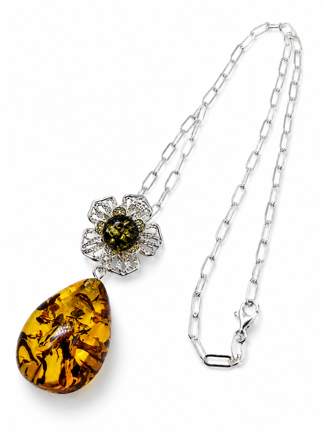 Baltic Amber Flower Pendant – Genuine Baltic Amber & Sterling Silver Necklace – Honey & Green Amber Jewelry