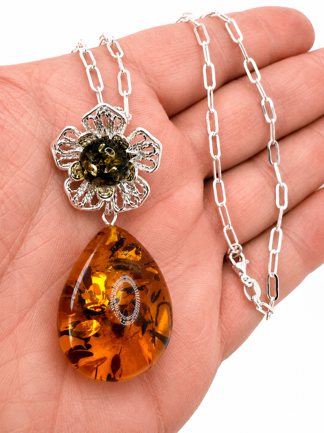 Baltic Amber Flower Pendant – Genuine Baltic Amber & Sterling Silver Necklace – Honey & Green Amber Jewelry