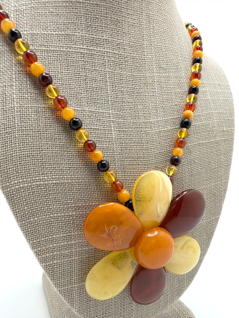 Baltic Amber Flower Statement Necklace – Sterling Silver & Multicolor Amber Beaded Necklace – Large Amber Flower Pendant – 22”