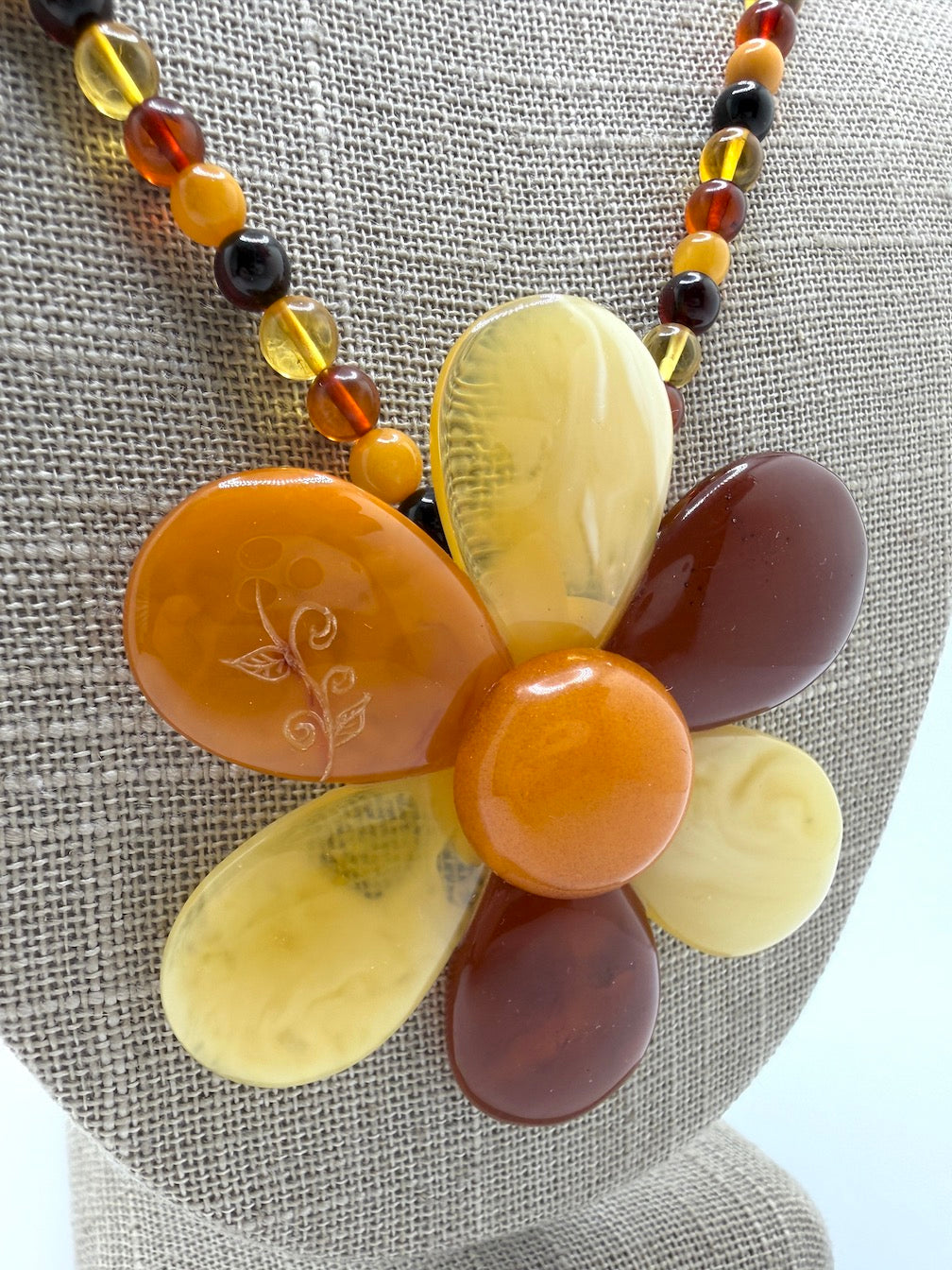 Baltic Amber Flower Statement Necklace – Sterling Silver & Multicolor Amber Beaded Necklace – Large Amber Flower Pendant – 22”