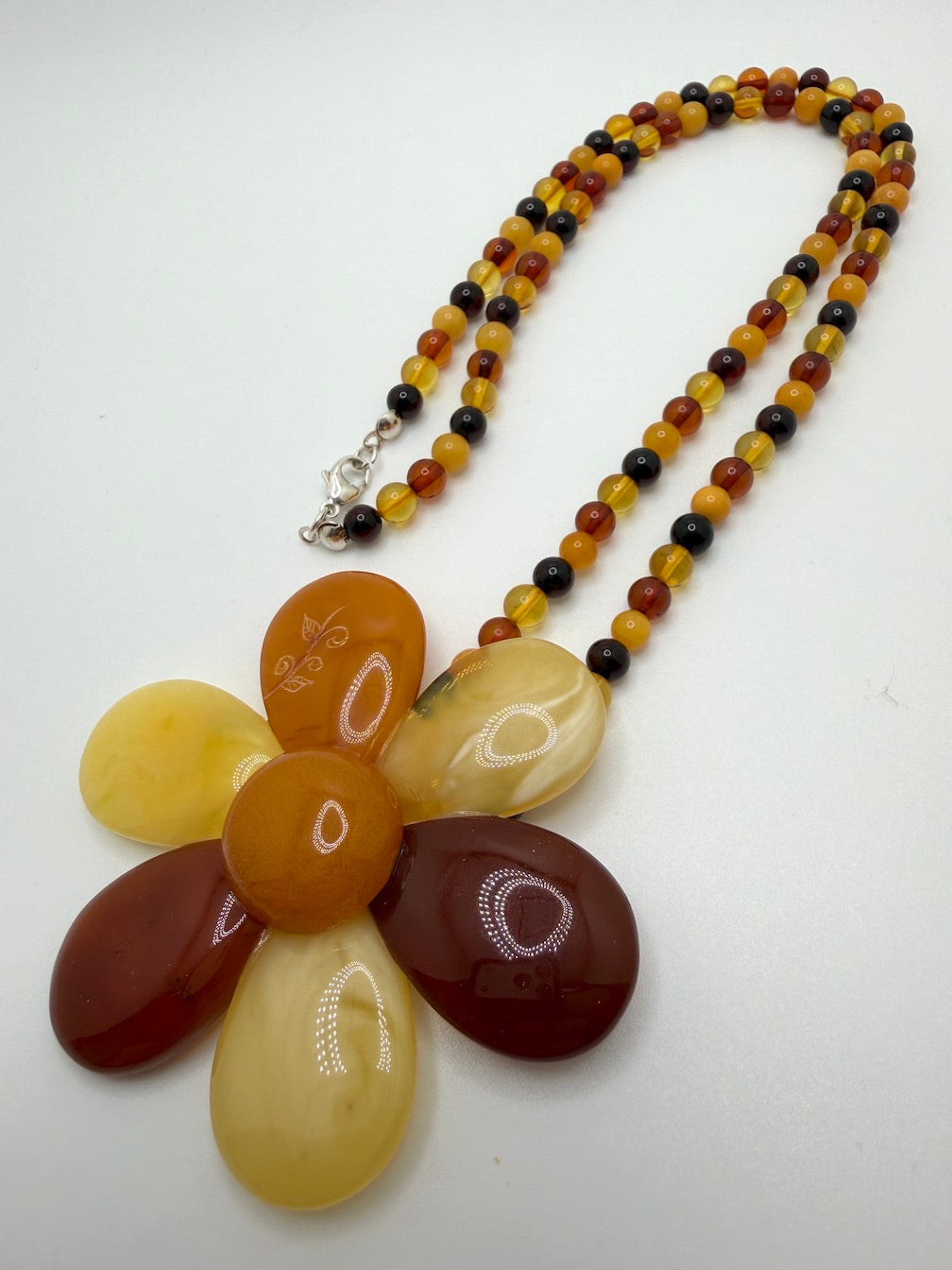 Baltic Amber Flower Statement Necklace – Sterling Silver & Multicolor Amber Beaded Necklace – Large Amber Flower Pendant – 22”