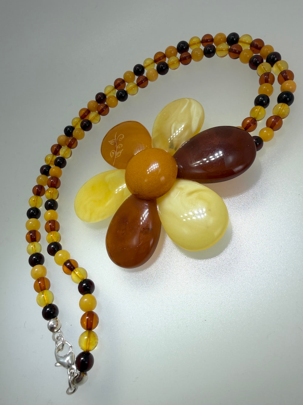 Baltic Amber Flower Statement Necklace – Sterling Silver & Multicolor Amber Beaded Necklace – Large Amber Flower Pendant – 22”