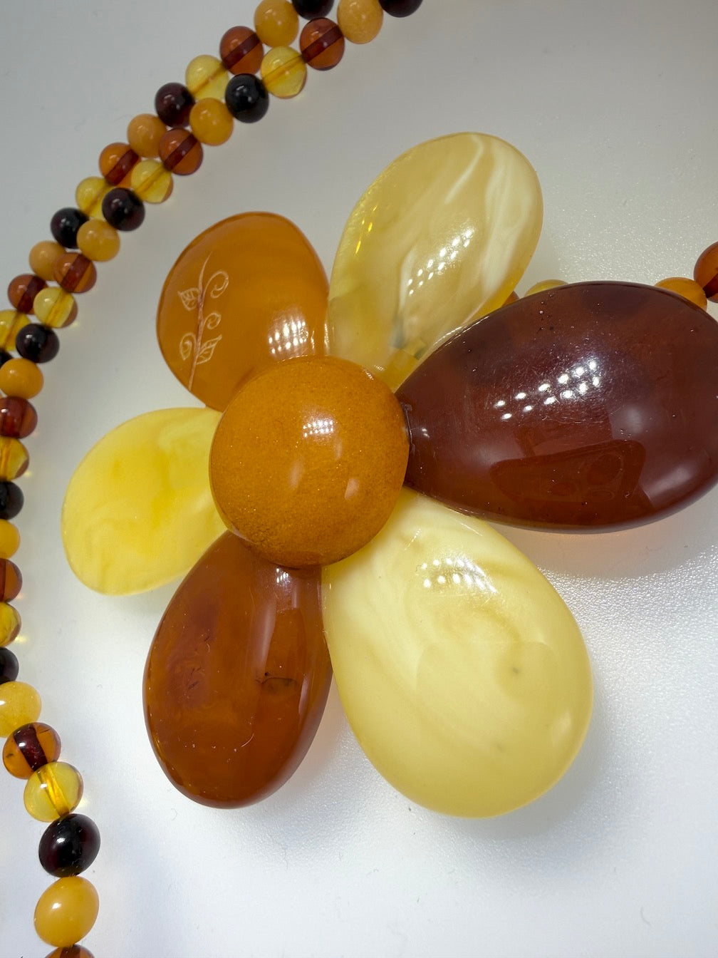 Baltic Amber Flower Statement Necklace – Sterling Silver & Multicolor Amber Beaded Necklace – Large Amber Flower Pendant – 22”