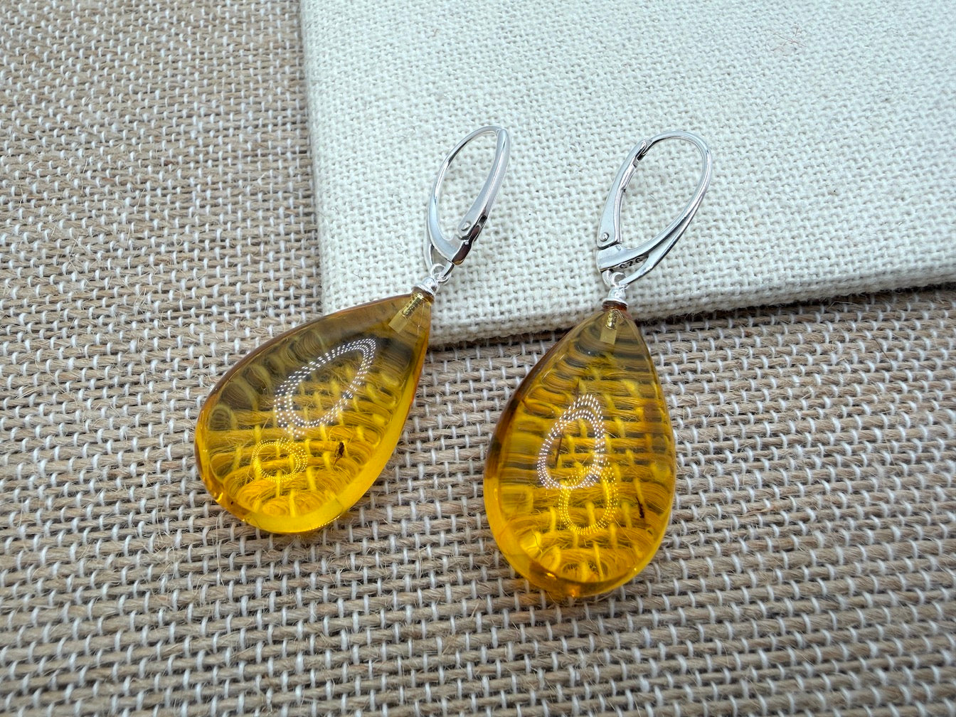 Baltic Amber Fossil Inclusion Earrings – Sterling Silver Lever Back – Rare Teardrop Amber – Museum Quality Collector Jewelry – Genuine Baltic Amber