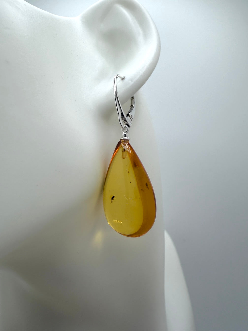 Baltic Amber Fossil Inclusion Earrings – Sterling Silver Lever Back – Rare Teardrop Amber – Museum Quality Collector Jewelry – Genuine Baltic Amber