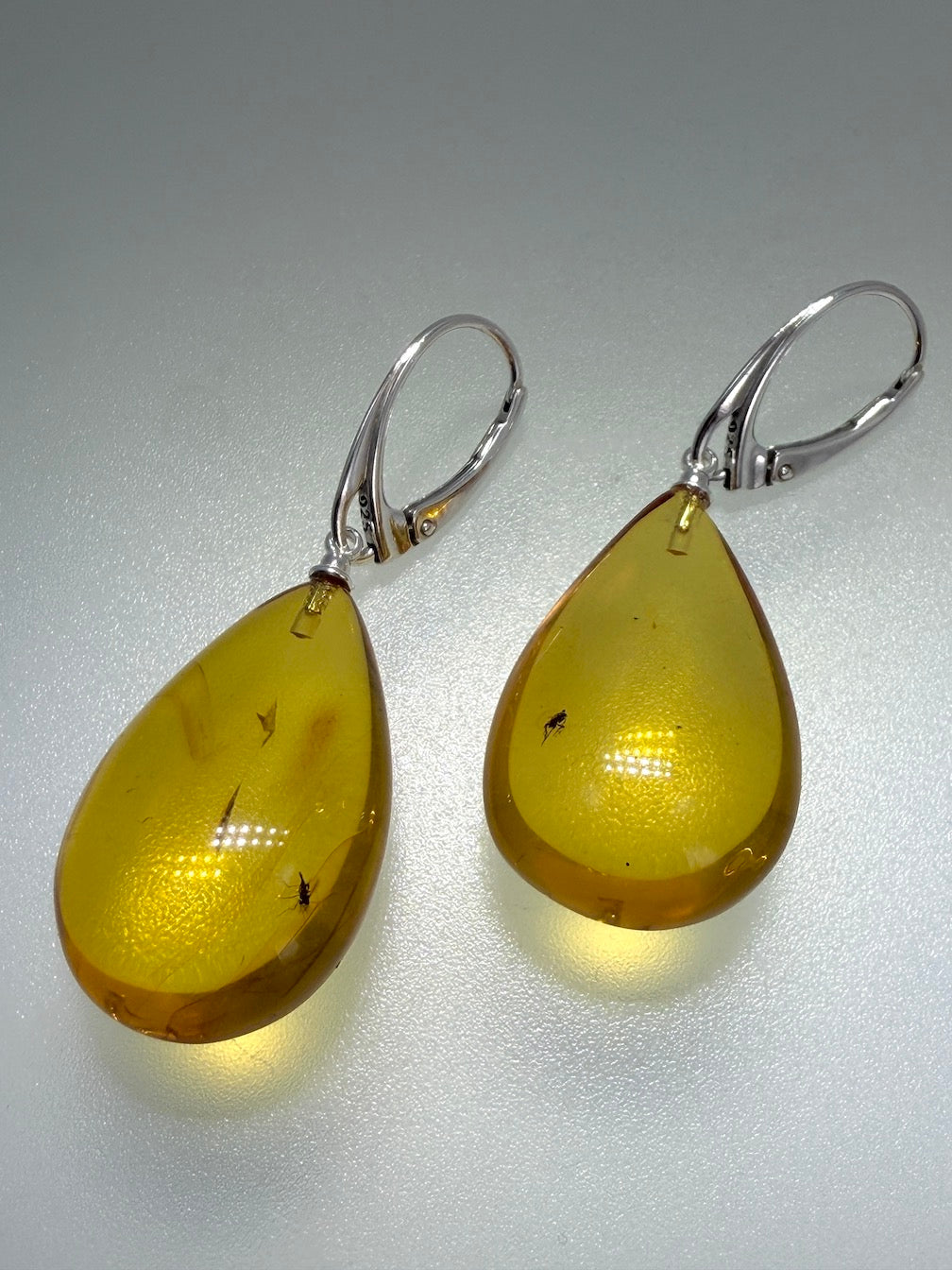 Baltic Amber Fossil Inclusion Earrings – Sterling Silver Lever Back – Rare Teardrop Amber – Museum Quality Collector Jewelry – Genuine Baltic Amber