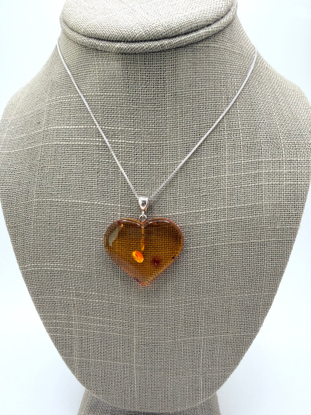 Baltic Amber Hand-Carved Heart Pendant Necklace on Sterling Silver Box Chain