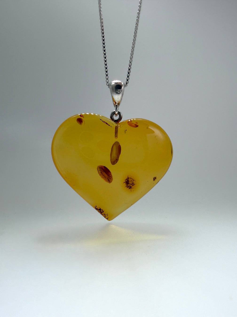 Baltic Amber Hand-Carved Heart Pendant Necklace on Sterling Silver Box Chain