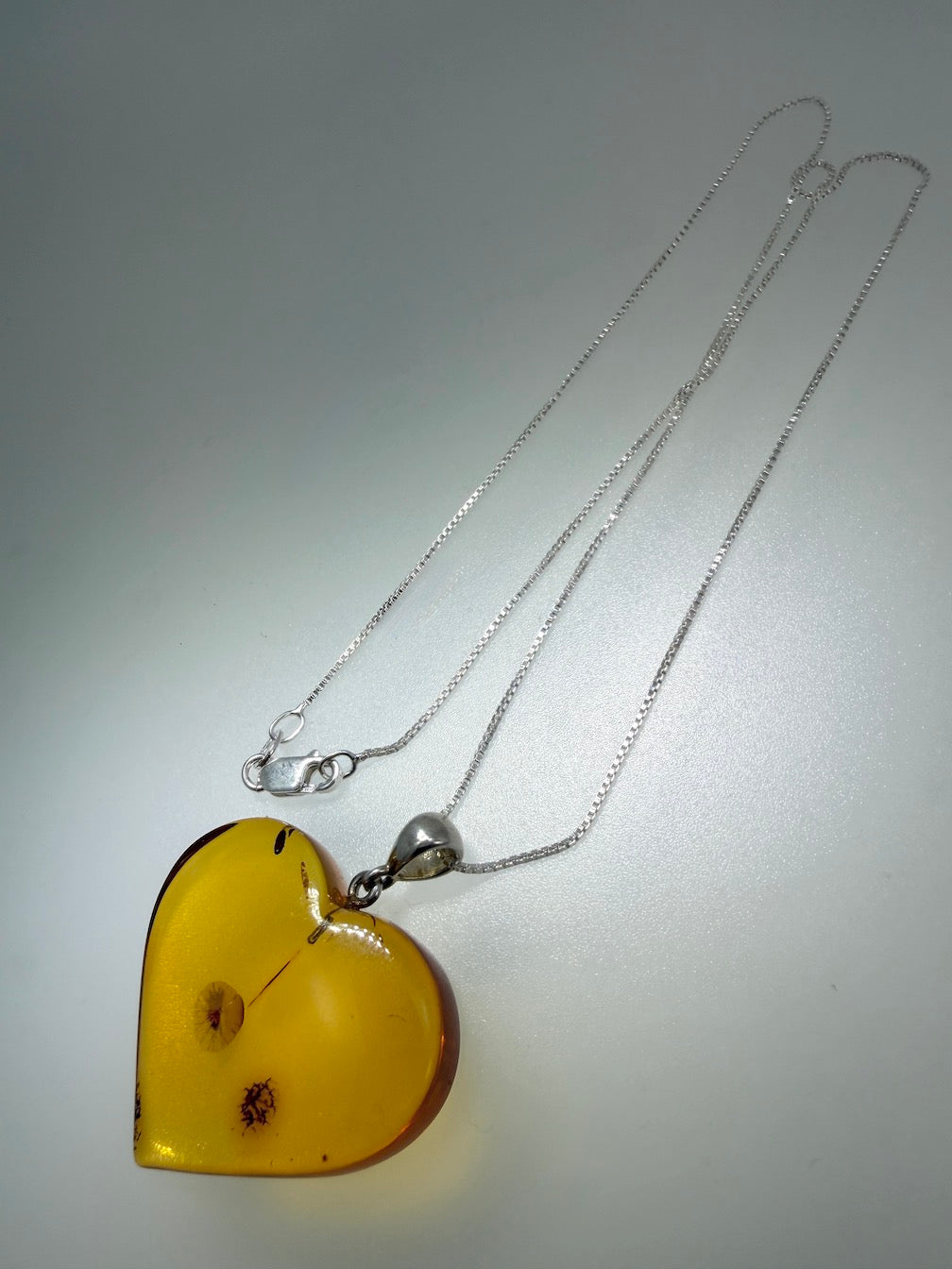 Baltic Amber Hand-Carved Heart Pendant Necklace on Sterling Silver Box Chain