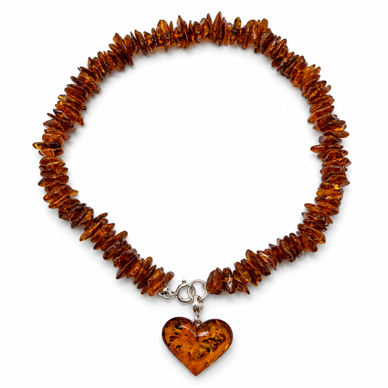 Baltic Amber Honey Chip Necklace with Heart Pendant – Genuine Baltic Amber – Lithuania Artisan Jewelry