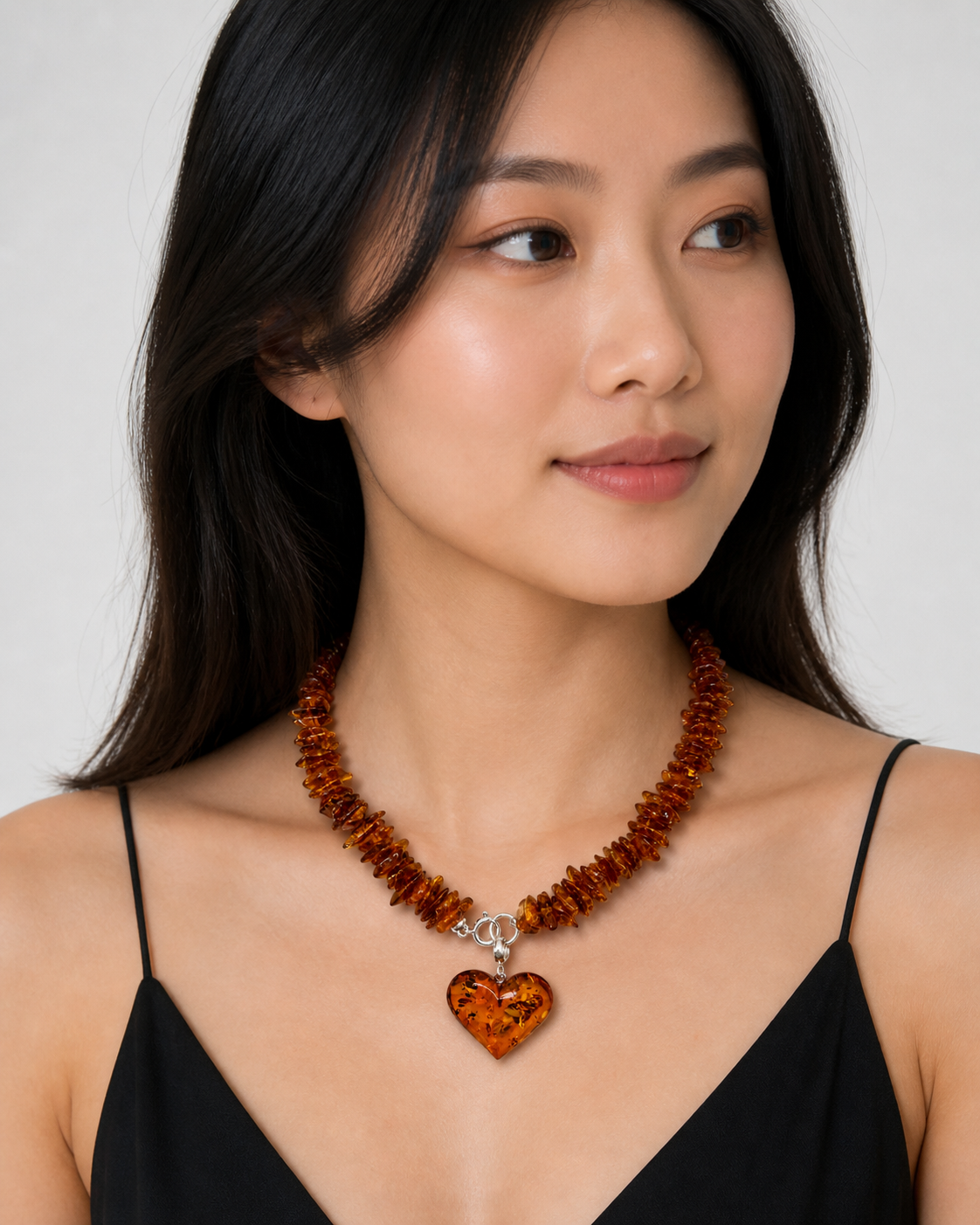 Baltic Amber Honey Chip Necklace with Heart Pendant – Genuine Baltic Amber – Lithuania Artisan Jewelry