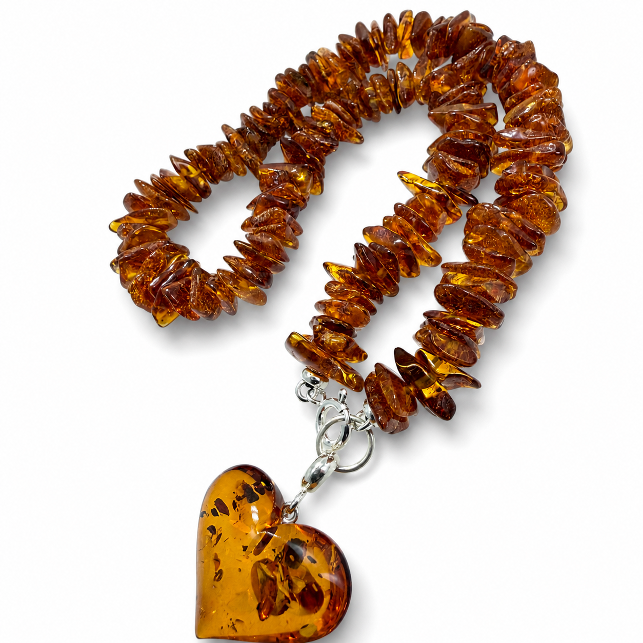 Baltic Amber Honey Chip Necklace with Heart Pendant – Genuine Baltic Amber – Lithuania Artisan Jewelry