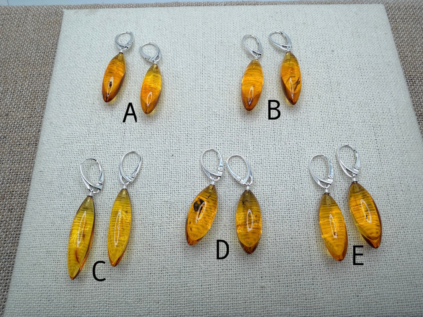 Baltic Amber Insect Inclusion Earrings – Sterling Silver Lever Back Drop Earrings – Museum Quality Collector Pieces – 40 Million Year Old Inclusions – One of a Kind
