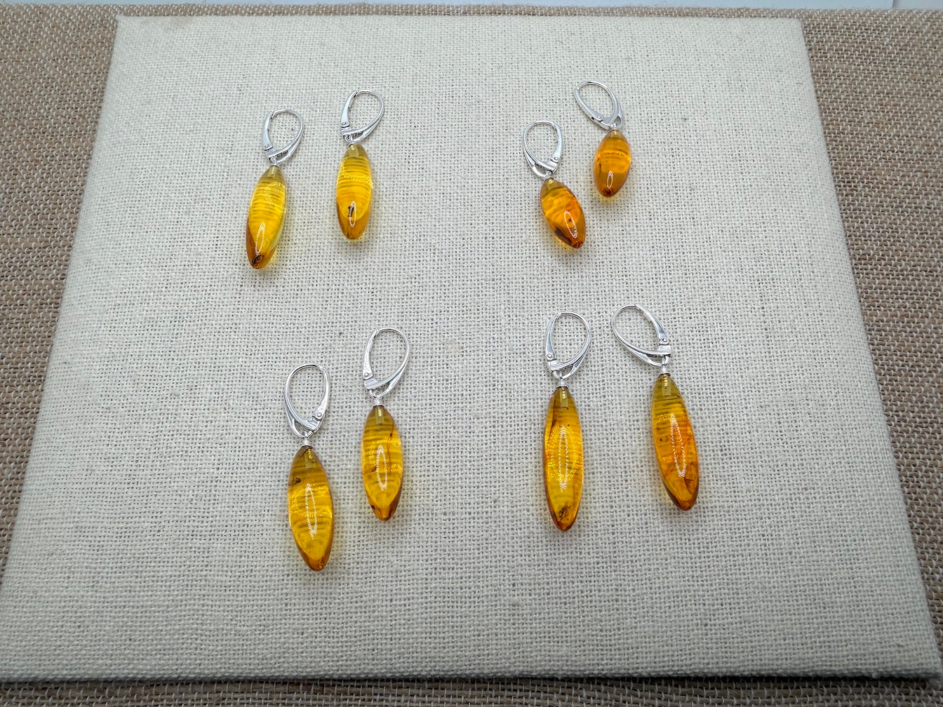 Baltic Amber Insect Inclusion Earrings – Sterling Silver Lever Back Drop Earrings – Museum Quality Collector Pieces – 40 Million Year Old Inclusions – One of a Kind