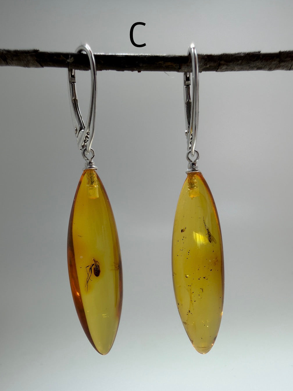 Baltic Amber Insect Inclusion Earrings – Sterling Silver Lever Back Drop Earrings – Museum Quality Collector Pieces – 40 Million Year Old Inclusions – One of a Kind
