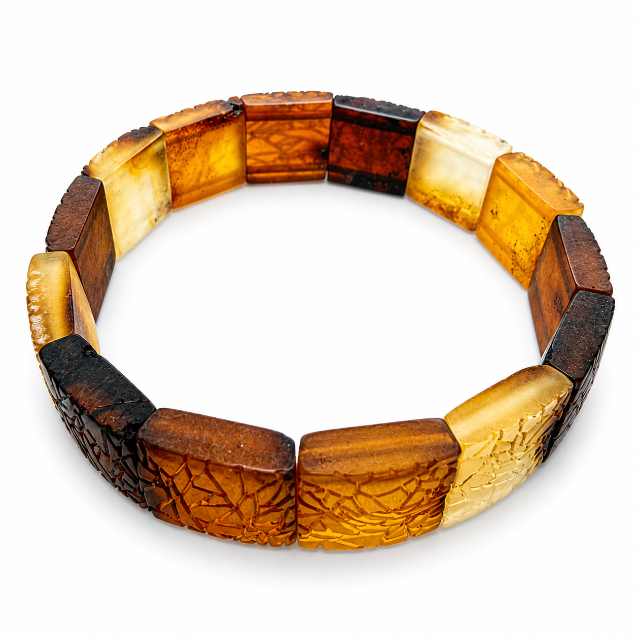 Baltic Amber Matte Leaf Hand-Carved Stretch Bracelet – Ombre Multicolor Square Amber Bracelet – One of a Kind Baltic Amber Jewelry