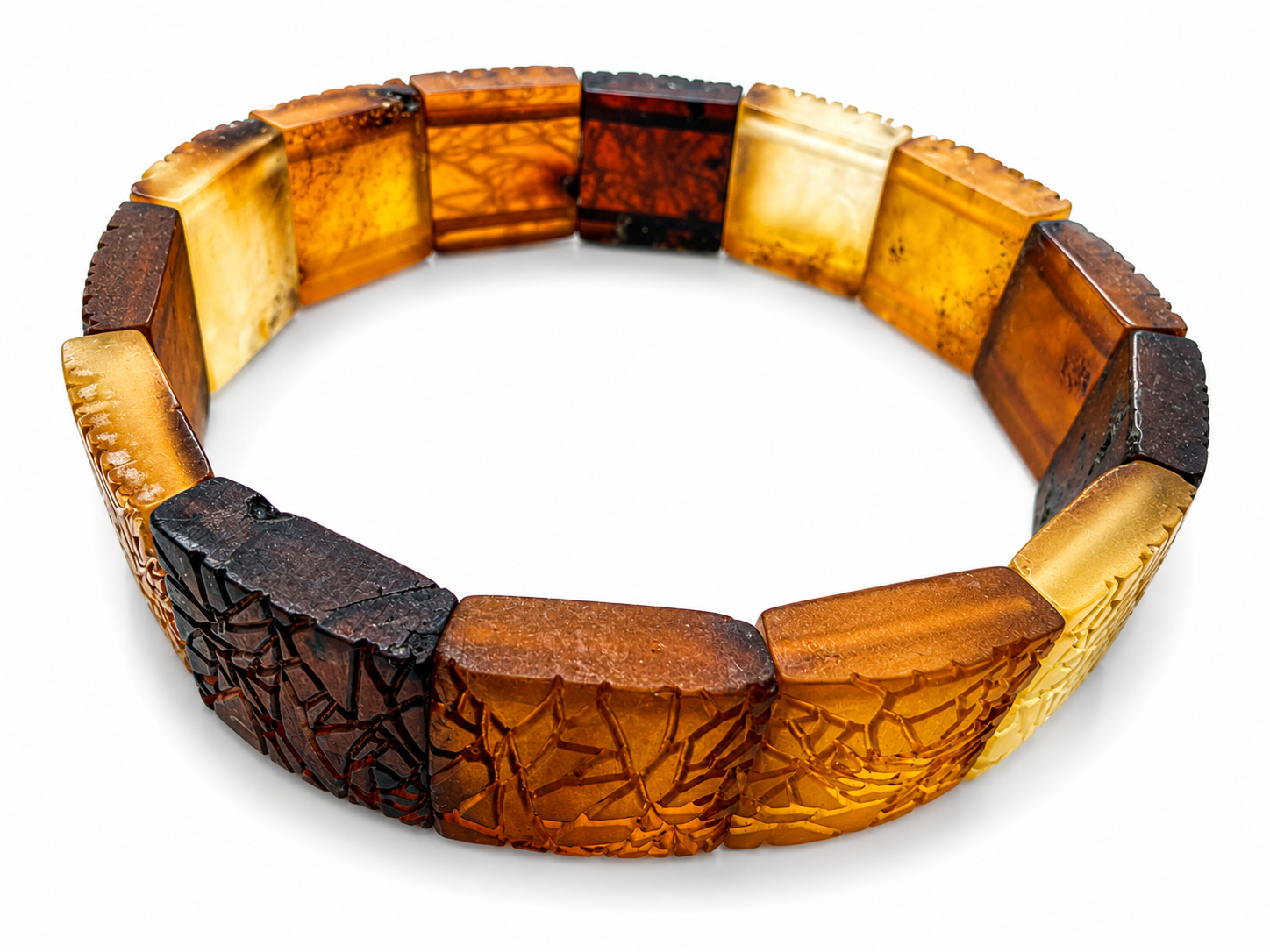 Baltic Amber Matte Leaf Hand-Carved Stretch Bracelet – Ombre Multicolor Square Amber Bracelet – One of a Kind Baltic Amber Jewelry