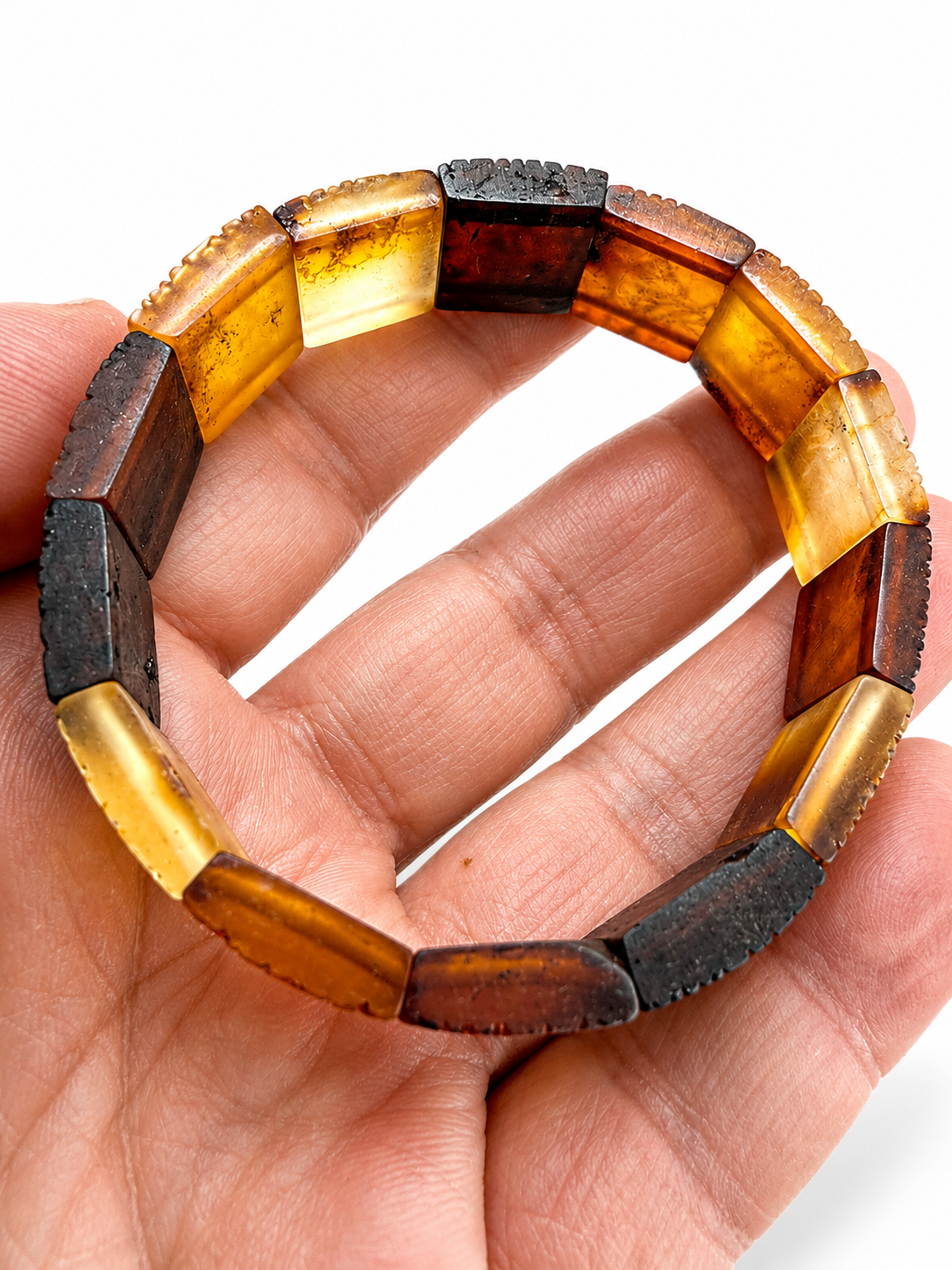 Baltic Amber Matte Leaf Hand-Carved Stretch Bracelet – Ombre Multicolor Square Amber Bracelet – One of a Kind Baltic Amber Jewelry