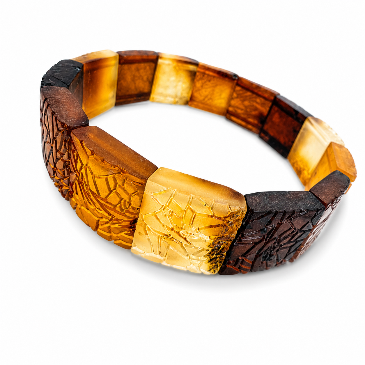 Baltic Amber Matte Leaf Hand-Carved Stretch Bracelet – Ombre Multicolor Square Amber Bracelet – One of a Kind Baltic Amber Jewelry