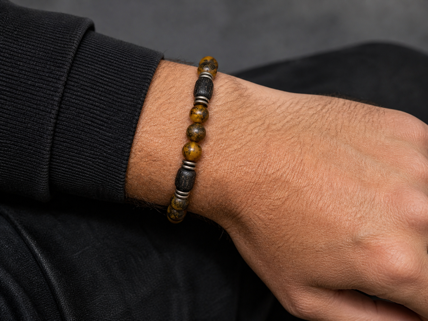 Baltic Amber Men’s Stretch Bracelet – Matte Butterscotch Amber, Sterling Silver Accents