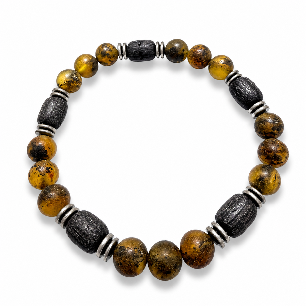 Baltic Amber Men’s Stretch Bracelet – Matte Butterscotch Amber, Sterling Silver Accents