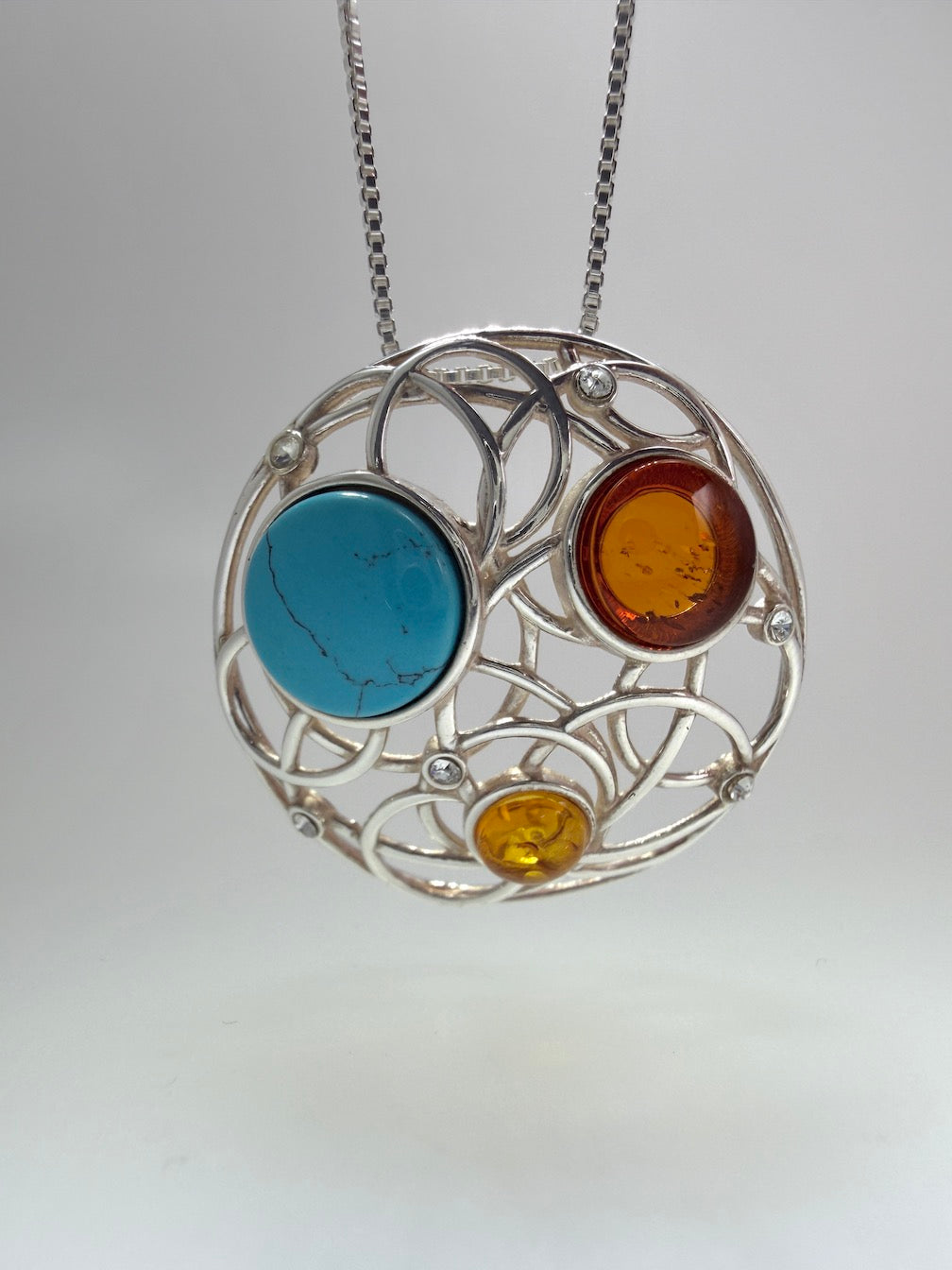 Baltic Amber Mixed Stone Round Sterling Silver Pendant – Modern Swirl Design – Lemon, Honey, Cherry or Turquoise