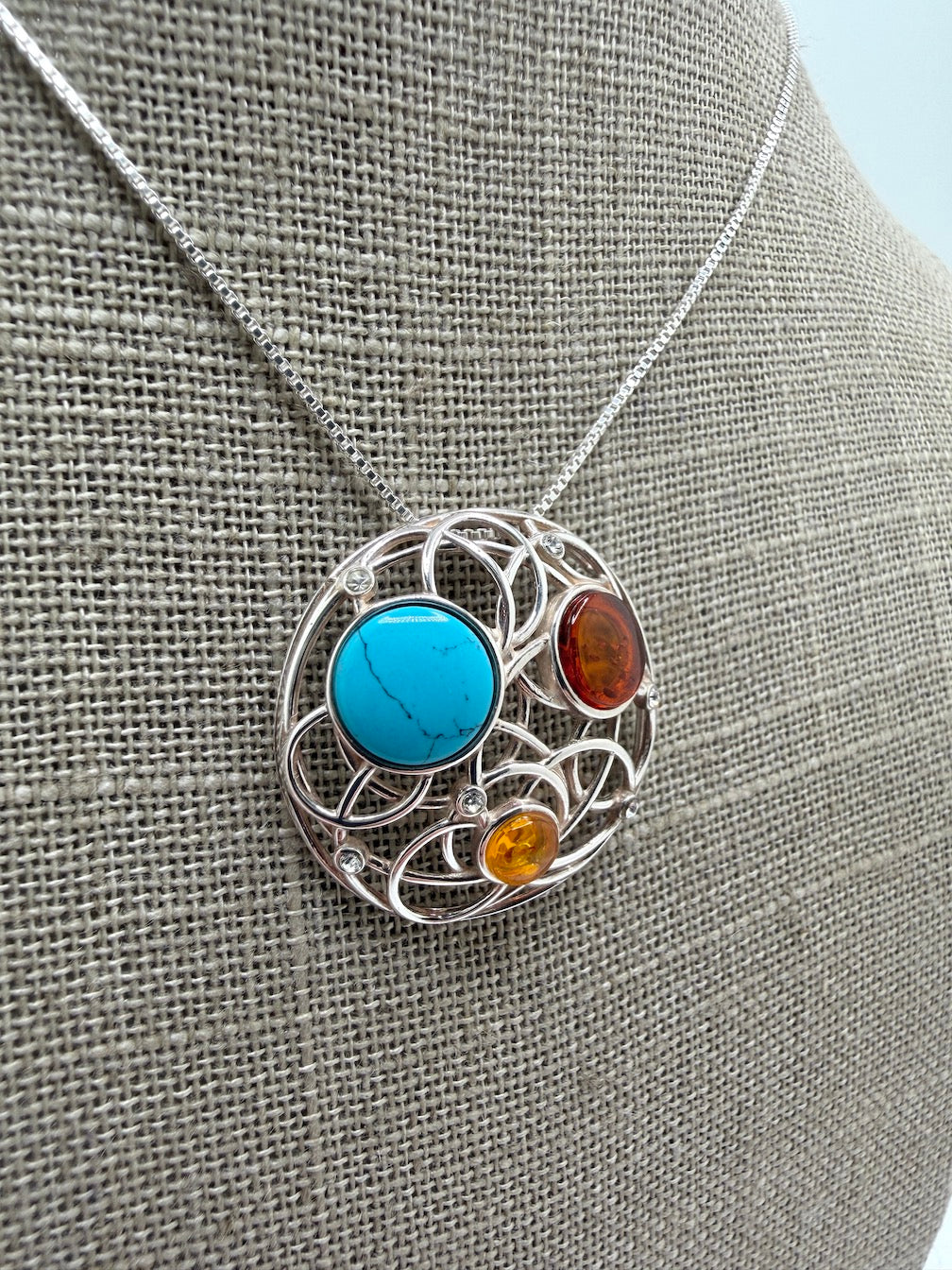 Baltic Amber Mixed Stone Round Sterling Silver Pendant – Modern Swirl Design – Lemon, Honey, Cherry or Turquoise