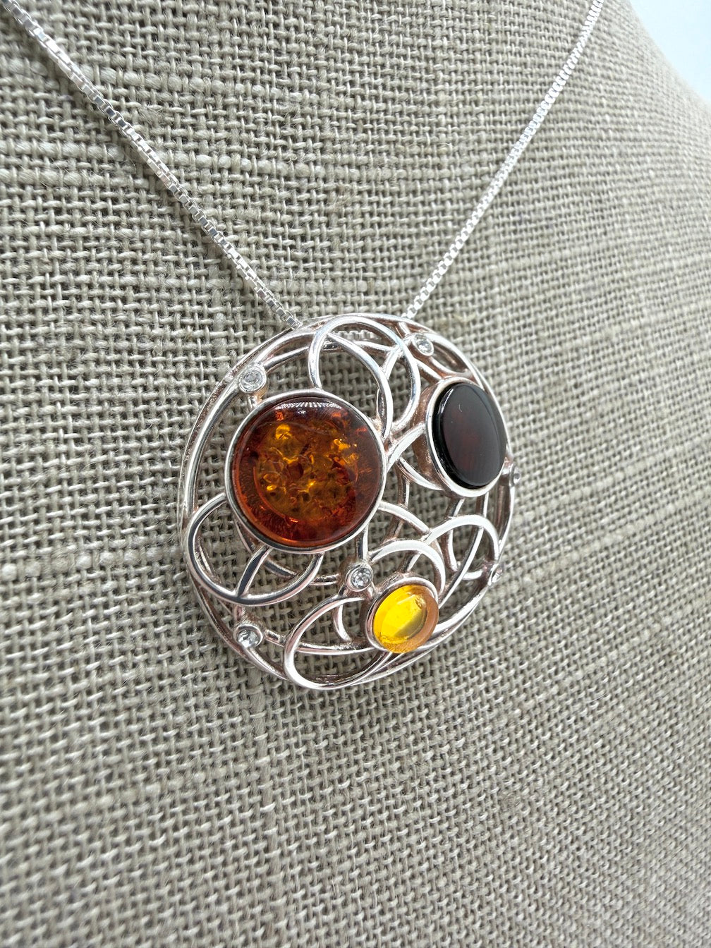 Baltic Amber Mixed Stone Round Sterling Silver Pendant – Modern Swirl Design – Lemon, Honey, Cherry or Turquoise