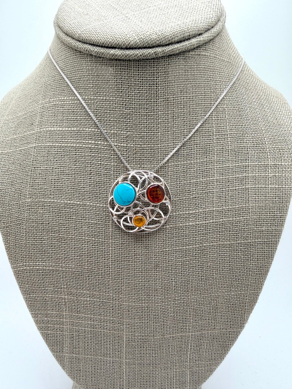 Baltic Amber Mixed Stone Round Sterling Silver Pendant – Modern Swirl Design – Lemon, Honey, Cherry or Turquoise