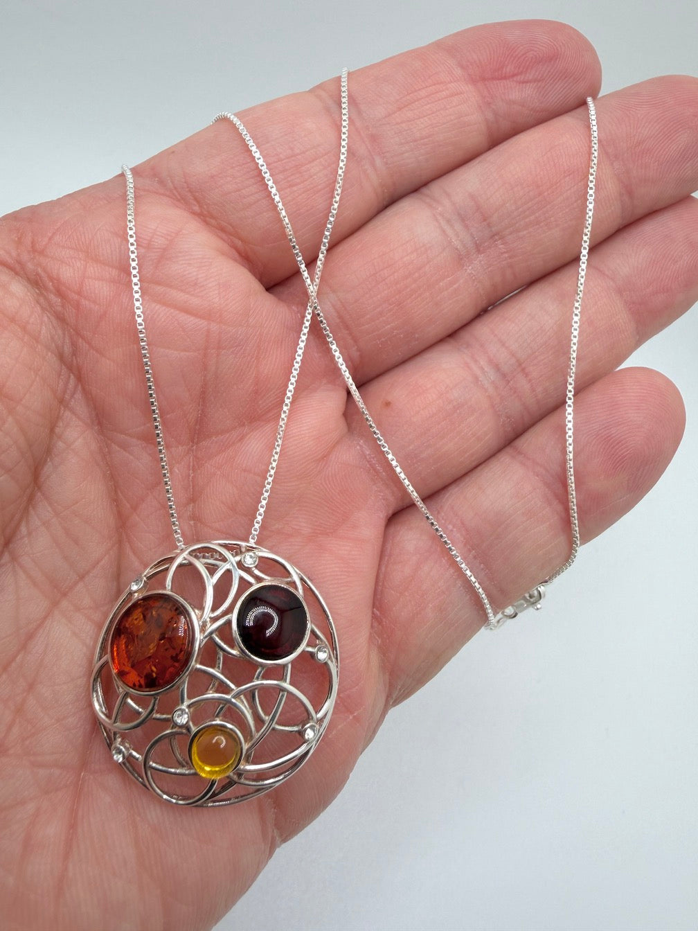Baltic Amber Mixed Stone Round Sterling Silver Pendant – Modern Swirl Design – Lemon, Honey, Cherry or Turquoise