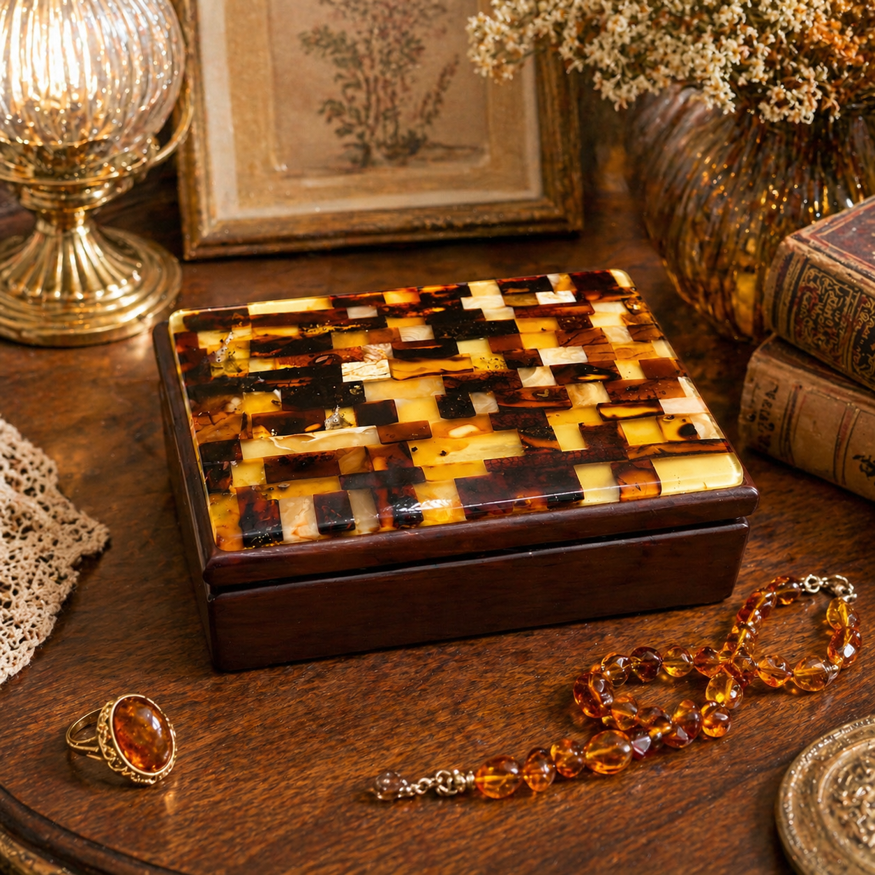 Multicolor Baltic Amber Mosaic Jewelry Box | Solid Wood Gift Box | Lemon Honey Cherry Cognac Amber Lid | Handmade Amber Keepsake Box | Magnetic Closure