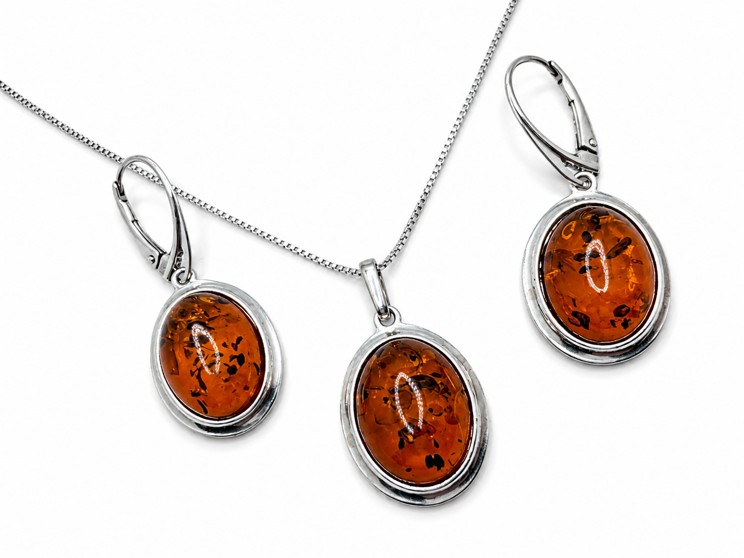 Honey Baltic Amber Sterling Silver Necklace and Leverback Earrings Jewelry Set