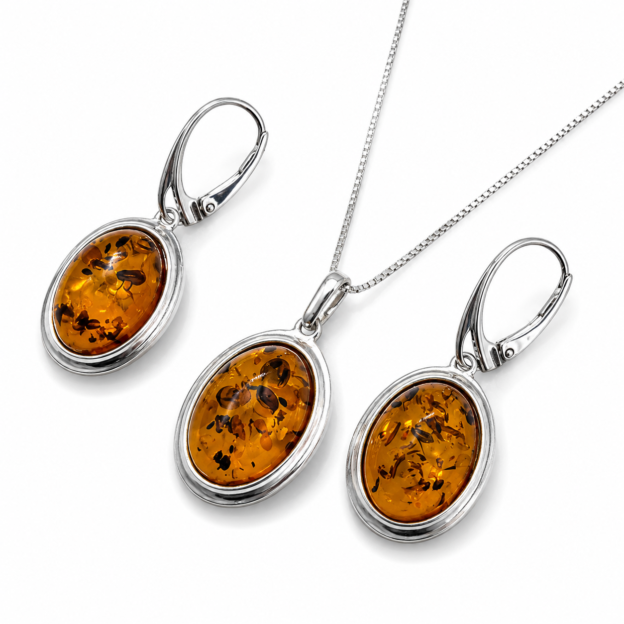 Honey Baltic Amber Sterling Silver Necklace and Leverback Earrings Jewelry Set