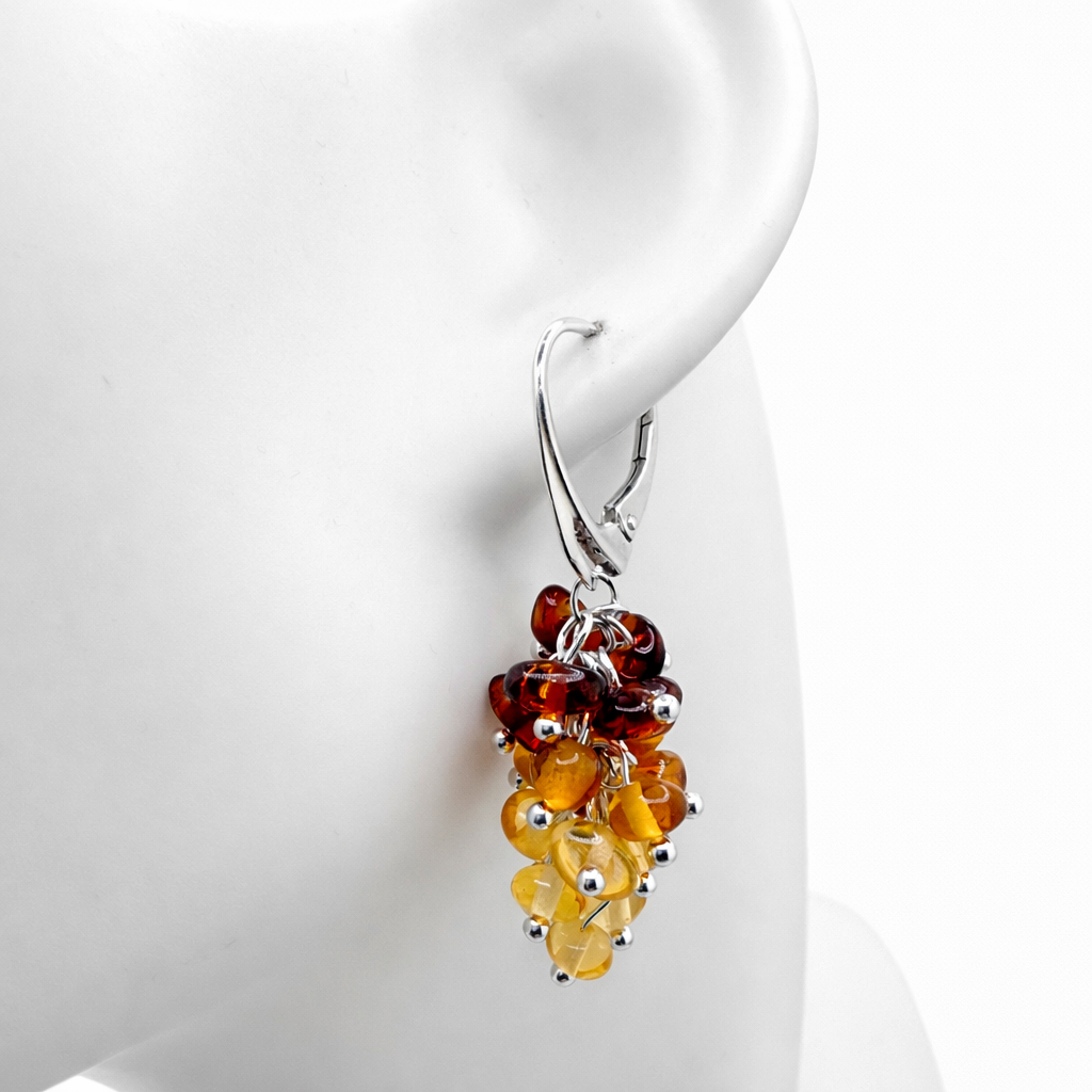 Baltic Amber Ombre Cluster Earrings, Sterling Silver Lever Back, Lemon Honey Cherry Amber Drop Earrings, Lightweight Amber Jewelry