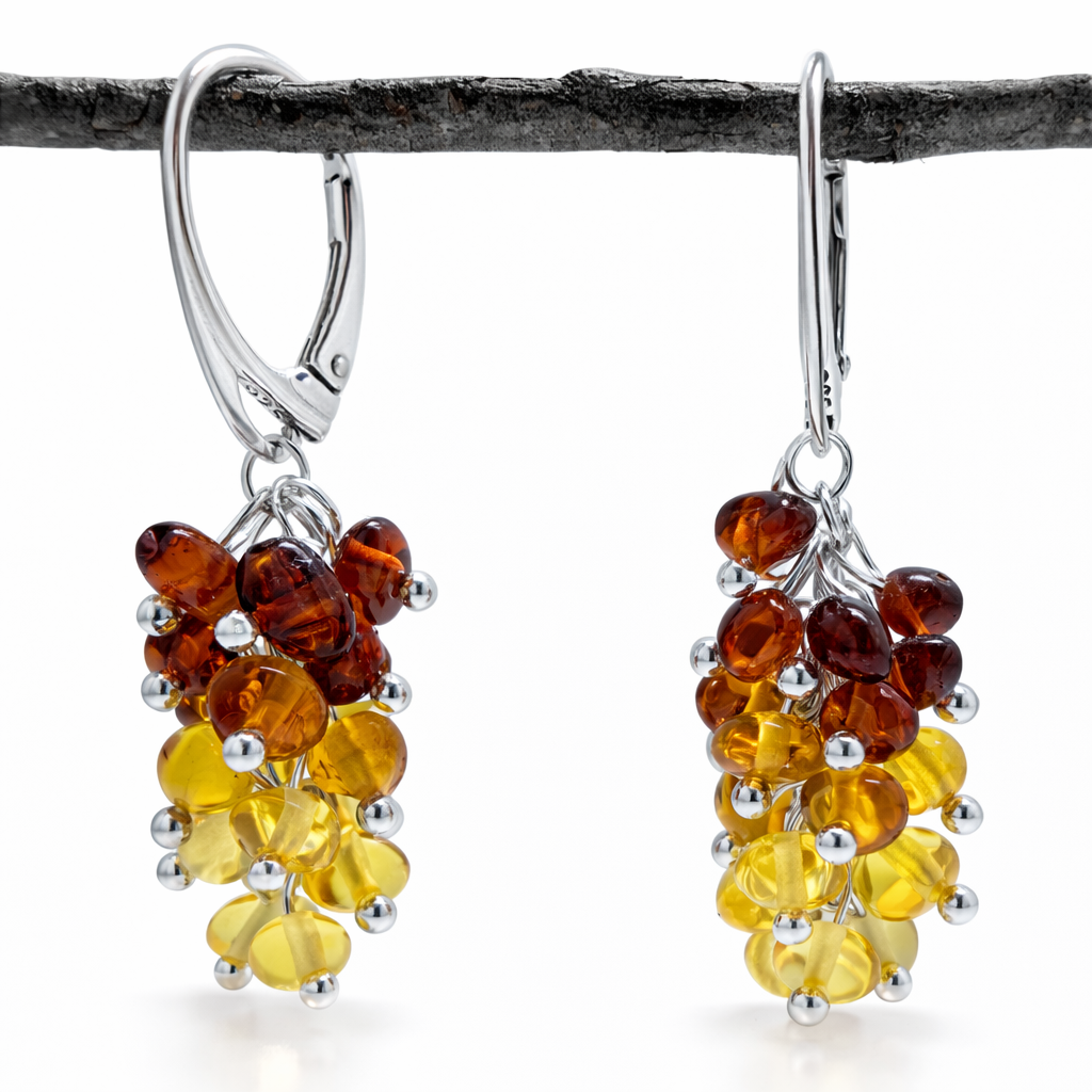Baltic Amber Ombre Cluster Earrings, Sterling Silver Lever Back, Lemon Honey Cherry Amber Drop Earrings, Lightweight Amber Jewelry