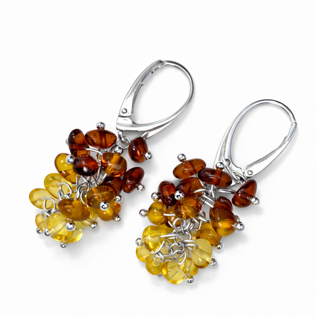 Baltic Amber Ombre Cluster Earrings, Sterling Silver Lever Back, Lemon Honey Cherry Amber Drop Earrings, Lightweight Amber Jewelry