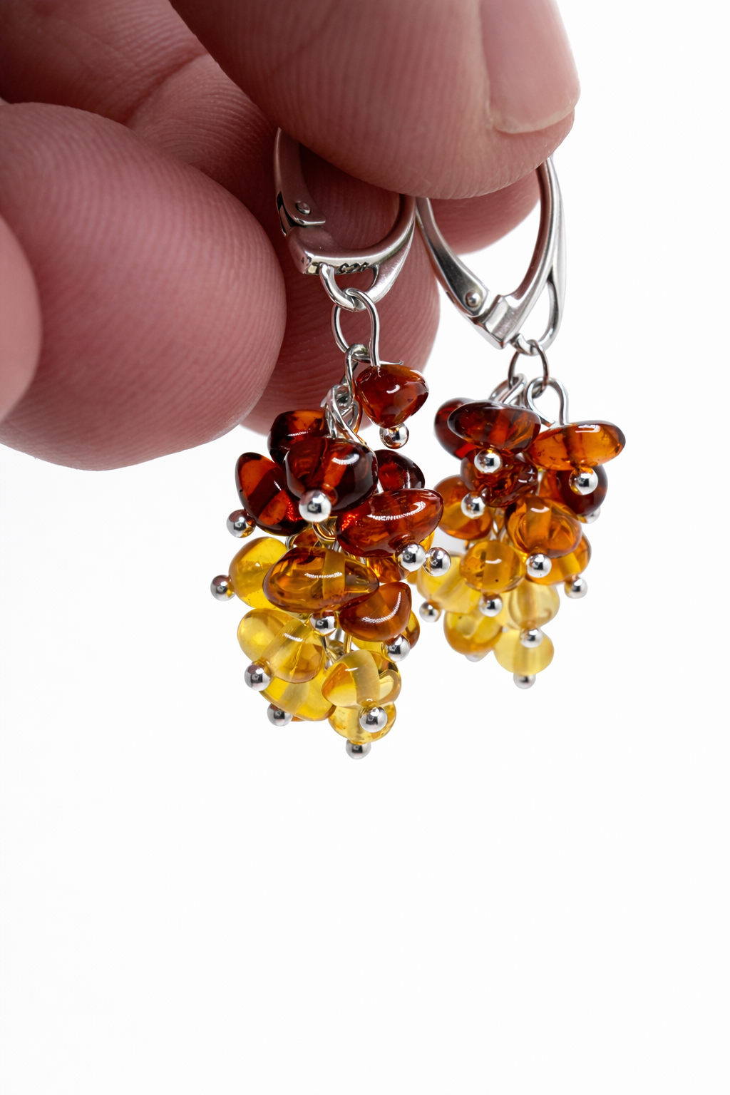 Baltic Amber Ombre Cluster Earrings, Sterling Silver Lever Back, Lemon Honey Cherry Amber Drop Earrings, Lightweight Amber Jewelry