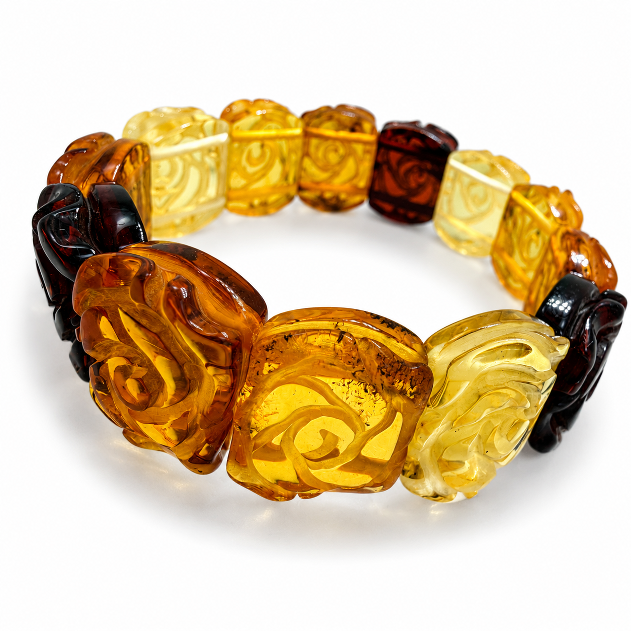 Baltic Amber Ombre Hand-Carved Rose Stretch Floral Bracelet