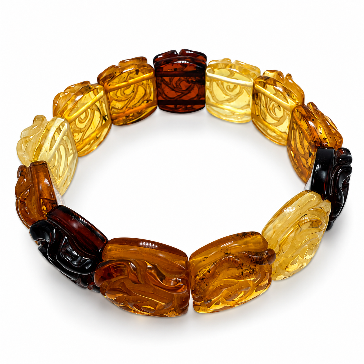 Baltic Amber Ombre Hand-Carved Rose Stretch Floral Bracelet