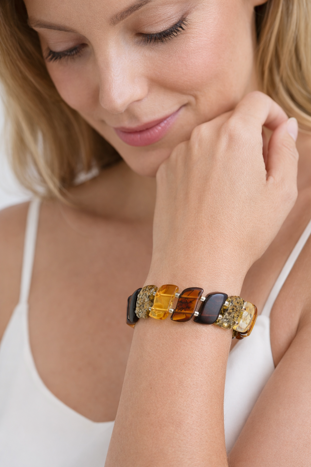Baltic Amber Ombré Stretch Twist Bracelet – Polished Lemon, Cognac & Cherry Amber